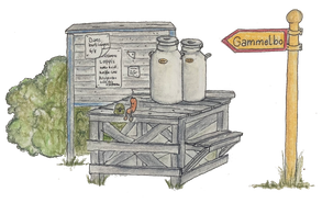 Logga - Teckning av mjölkpall, mjölkkrukor, anslagstavla, gul vägskylt med texten Gammelbo