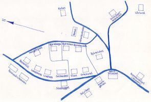 Handritad karta över centrala byn med husnamn