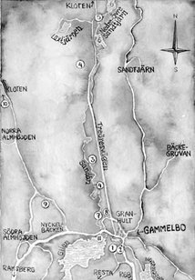 Akvarell i grått karta över Gammelbo by till Kloten